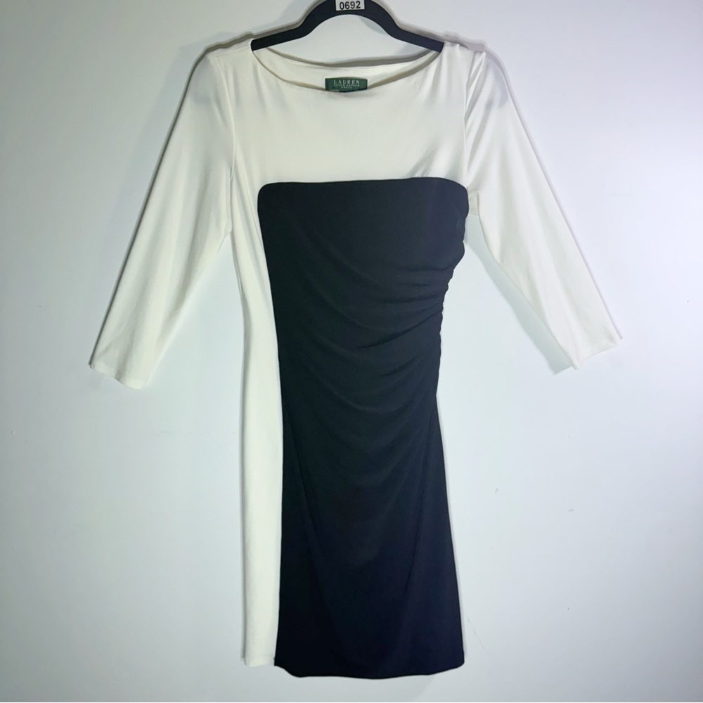 Lauren Ralph Lauren Sheath Dress 4 Black Ivory Ruched Colorblock Career